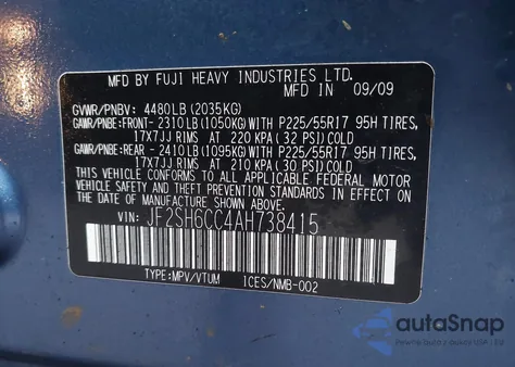 2010 Subaru Forester 2.5X Premium из США, поврежденный, VIN JF2SH6CC4AH738415